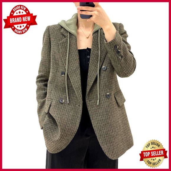 Oversized Hooded Blazer Jacket Loose Fit Double Breasted Work Office